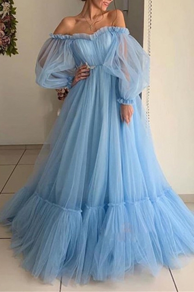 Gorgeous Dress Mesh Solid Color Blouson Sleeve Off the Shoulder Ruffled Maxi Pleated A-line Dress for Women