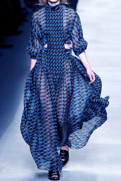 Ladies Designer Dress Patterned 3/4 Sleeve Mock Neck Cut Out Maxi A-line Dress in Blue