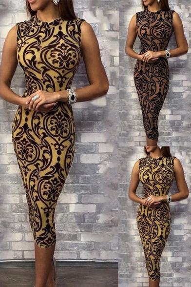 Leisure Women's Pencil Dress Graphic Pattern Mock Neck Sleeveless Midi Pencil Dress