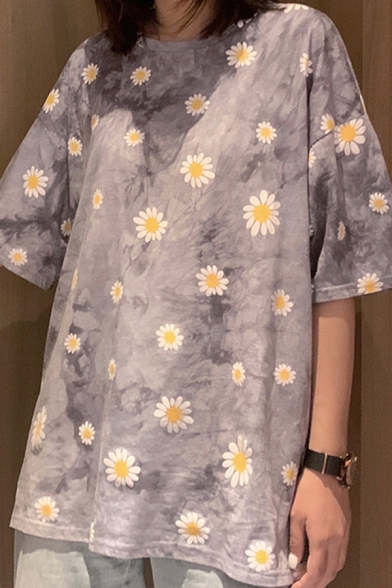 Leisure Women's Tee Top Daisy Floral Pattern Crew Neck Short Sleeve Relaxed Fit T-Shirt