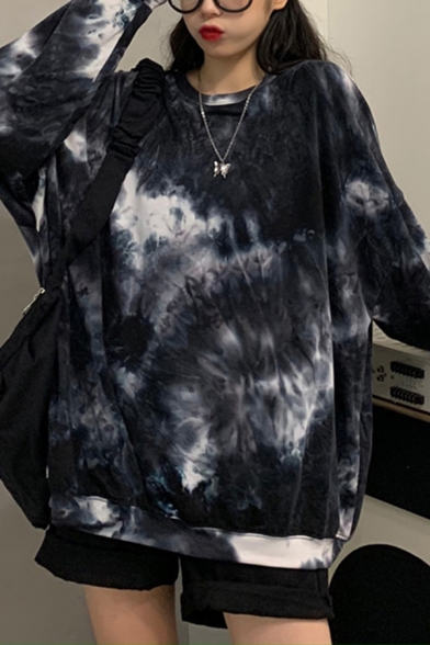 Leisure Women's Tee Top Tie Dye Print Crew Neck Long Sleeve Relaxed Fit T-Shirt