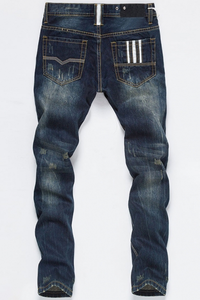 Men's Trendy Vintage Washed Three Bars Stripe Pattern Regular Fit Casual Jeans