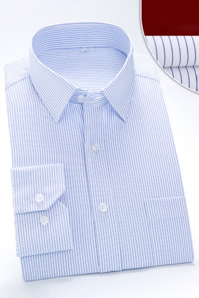 Mens Business Shirt Pinstripes Pattern Chest Pocket Button Closure Spread Collar Slim-fit Long Sleeve Shirt