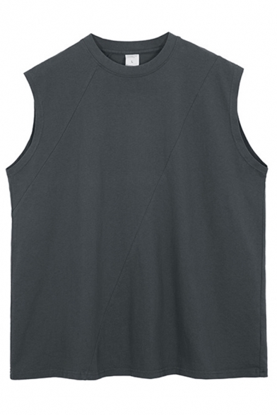 Mens Casual Tank Top Solid Color Panel Cap Sleeve Crew Neck Slim Fitted Tank Top