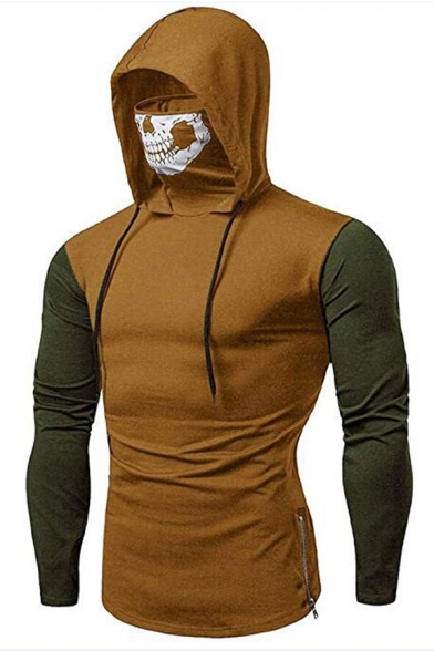 Mens New Trendy Patched Long Sleeve Zip Side Skull Hooded T-Shirt (Pictures for Reference)
