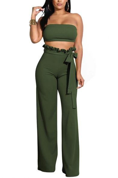 Novelty Womens Co-ords Solid Color Strapless Sleeveless Cropped Bandeau Stringy Selvedge Tie High Waist Wide Leg Pants Set