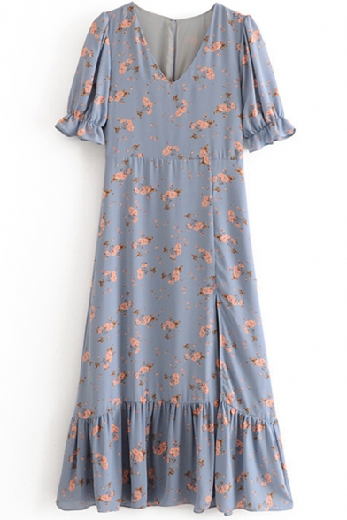 Popular Girls Dress Ditsy Floral Printed Short Sleeve V-neck Ruffled Mid A-line Dress in Blue