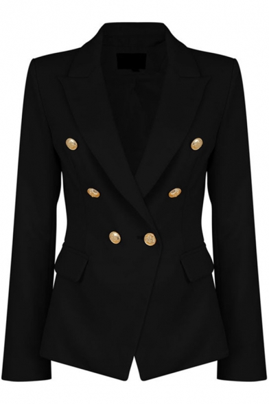 Pretty Ladies Blazer Solid Color Long Sleeve Notched Collar Double Breasted Regular Fit Blazer
