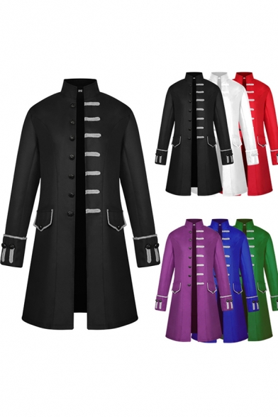Retro Mens Coat Plain Pocket Decorated Cosplay Single Breasted Tunic Stand Collar Slim-fit Long Sleeve Coat