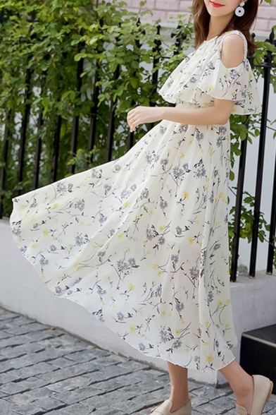 Trendy Women's A-Line Dress Floral Print Cold Shoulder Round Neck Long A-Line Dress