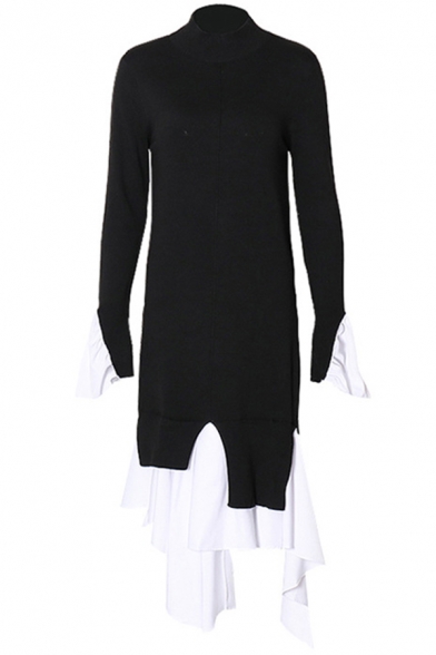 Womens Chic Dress Knitted Patchwork Long Sleeve Mock Neck Mid Sheath Sweater Dress