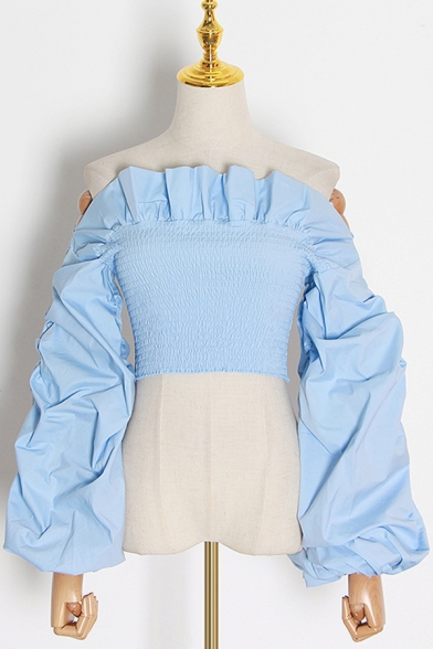 Womens Designer Plain Shirt Ruched Blouson Sleeve Off the Shoulder Ruffled Pintuck Fit Crop Shirt Top