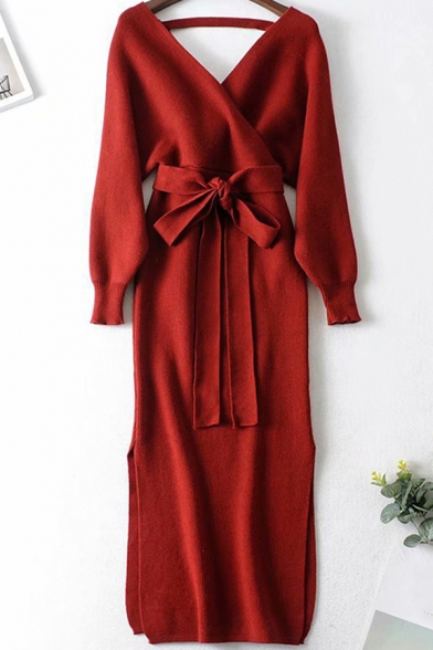 Womens Elegant Dress Knitted Solid Color Long Sleeve Surplice Neck Bow Tied Waist Slit Sides Mid Sheath Dress