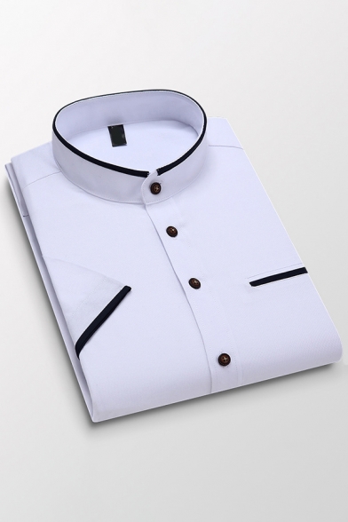 Cool Shirt Contrast Trim Oxford Single Breasted Chest Pocket Short Sleeve Slim Fit Stand Collar Shirt for Men