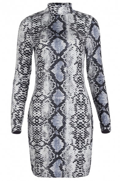 Elegant Women's Bodycon Dress Leopard Snakeskin Cow Dot Print Mock Neck Long-sleeved Slim Fitted Bodycon Dress