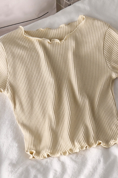 Elegant Women's Tee Top Solid Color Lettuce Trim Short Sleeve Slim Fitted T-Shirt