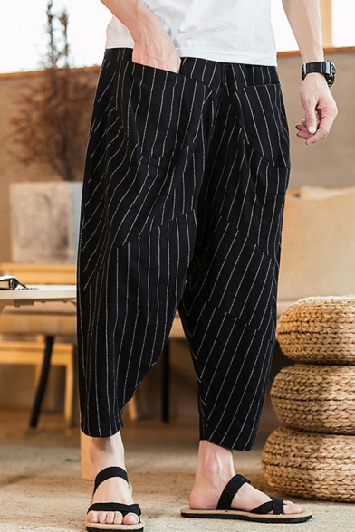 Fancy Men's Pants Stripe Pattern Drawstring Waist Slit Pocket Ankle Length Tapered Pants