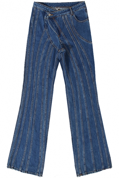 Fashion Girls Jeans Ribbed Asymmetric Waist Long Length Flared Jeans in Dark Blue