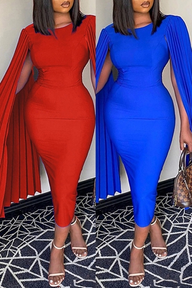 Glamorous Womens Dress Pleated Long Sleeve Crew Neck Solid Color Midi Bodycon Dress