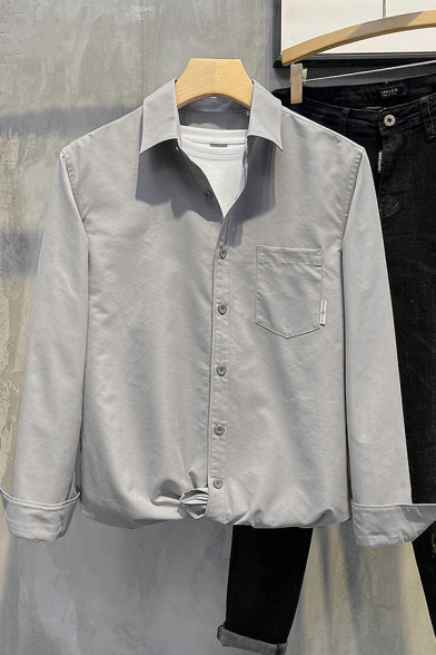 Guys Basic Shirt Plain Long Sleeve Spread Collar Button Up Chest Pocket Loose Fit Shirt