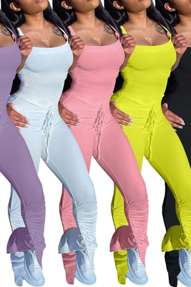 Leisure Womens Jumpsuit Solid Color Scoop Neck Drawstring Waist Long Skinny Jumpsuit