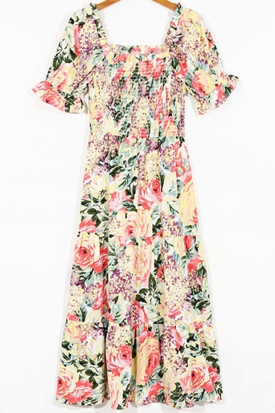 Popular Womens Dress Flower Printed Short Sleeve Square Neck Mid A-line Dress in Apricot