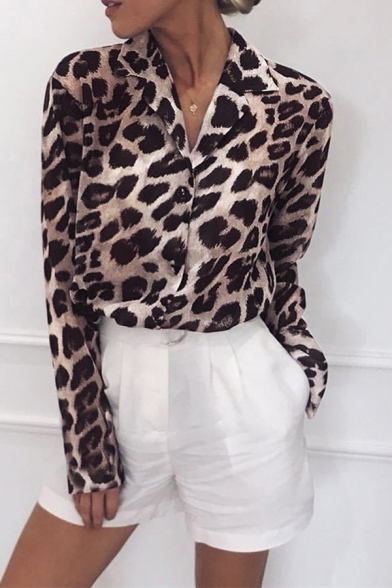 Popular Womens Shirt Leopard Printed Long Sleeve Notched Collar Button Up Relaxed Fit Shirt Top