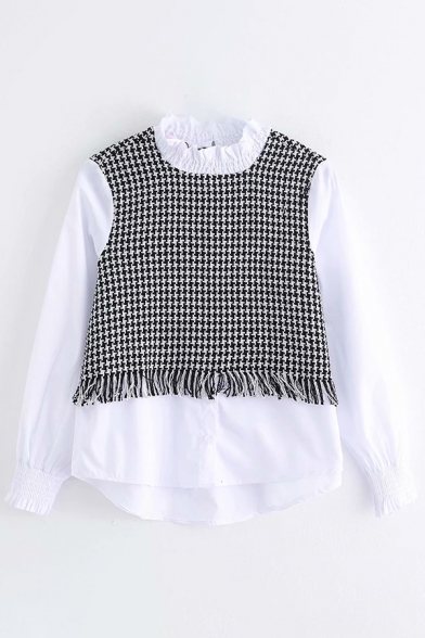 Pretty Girls Shirt Tweed Panel Long Sleeve Crew Neck Button Up Loose Fit Shirt Top in Black-white