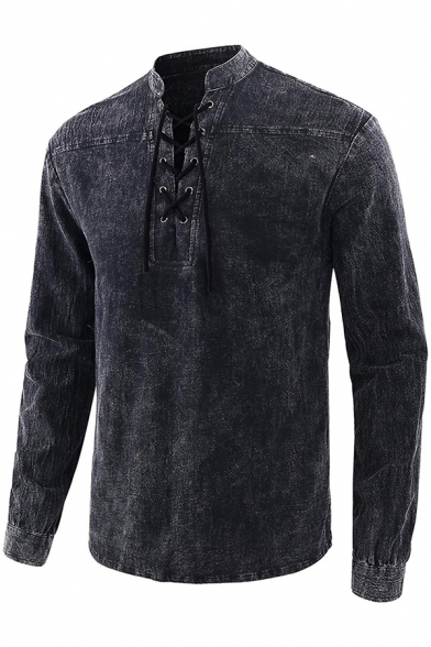 Retro Mens T-Shirt Faded Color Lace-up Design Slim Fit Stand Collar Long Sleeve Tee Shirt