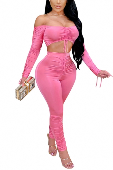 Sexy Womens Co-ords Solid Color Long Sleeve Off the Shoulder Drawstring Fit Crop Tee & Pants Set
