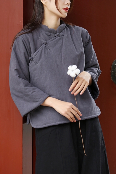 Simple Girls Coat Linen Plain Long Sleeve Mandarin Collar Frog Button Loose Fit Coat