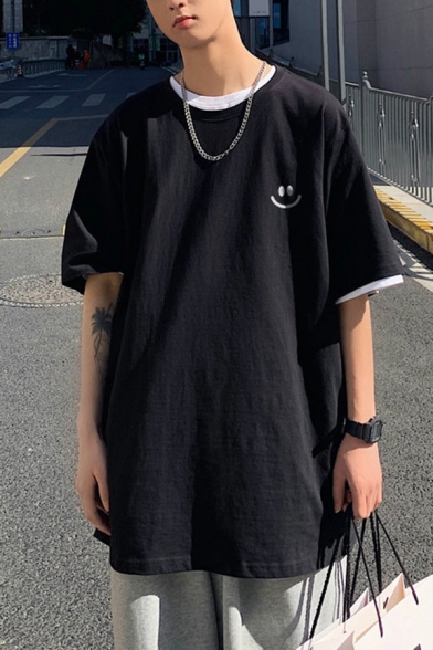 Street Boys Tee Top Smile Face Print Half Sleeve Crew Neck Oversize T Shirt