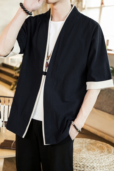 Trendy Men's Jacket Contrast Trim Open Front Half Sleeve Regular Fitted Kimonos Jacket