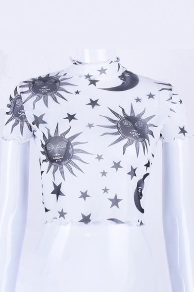 Trendy Women's Tee Top Moon Star Graphic Print Lettuce Trim Mock Neck Cropped Short Sleeve T-Shirt