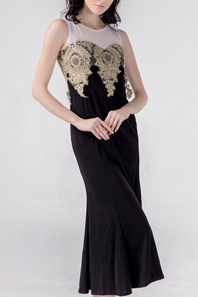 Trendy Womens Dress Applique Semi-sheer Mesh Sleeveless Crew Neck Mid Fishtail Dress