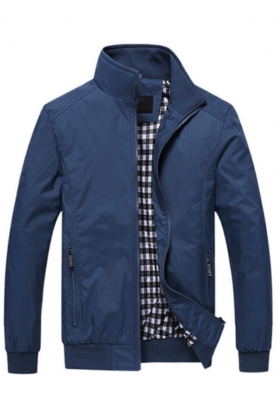 Unique Men's Jakcet Solid Color Zip Closure Ribbed Trim Long Sleeve Stand Collar Regular Fitted Jacket