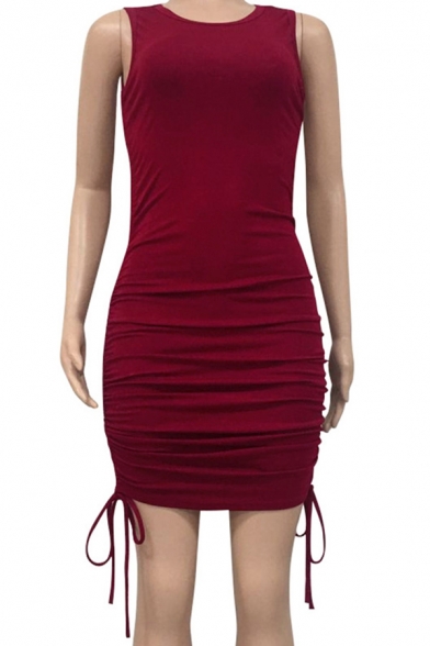 Unique Womens Dress Solid Color Side Ruched Drawstring Round Neck Sleeveless Mini Bodycon Dress