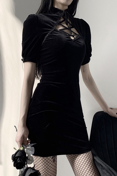 Womens Dress Vintage Velvet Lace-up Stand Collar Slim Short Sleeve Mini Modified Cheongsam Dress