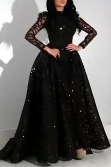 Womens Fashionable Dress Black See-through Mesh Long Sleeve Crew Neck Maxi A-line Cocotail Dress