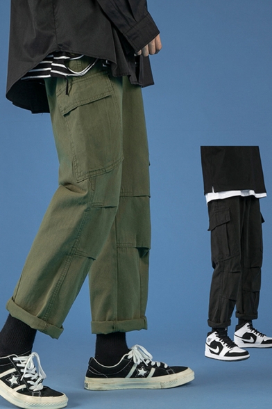 Basic Cargo Pants Plain Panel Flap Pockets Zipper Fly Mid-rise Ankle Length Relaxed Pants for Men