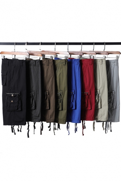Basic Shorts Creative Solid Color Flap Pockets Drawstring-Cuff Zipper Fly Loose Fit Half Length Straight Cargo Shorts