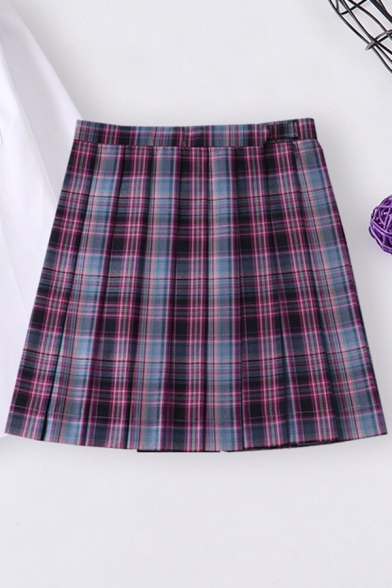 Basic Women's Skirt Plaid Pattern Pleated Detail Invisible Zipper High Rise Mini A-Line Skirt