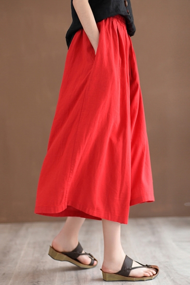 Chinese Style Womens Pants Solid Color Elastic Waist Cropped Oversize Pants