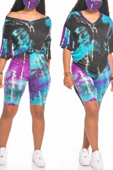 Cool Womens Co-ords Tie Dye Galaxy Pattern Half Sleeve V Neck T-Shirt Slim Fitted Shorts Set