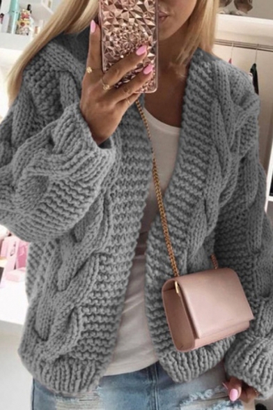 Fancy Women's Cardigan Solid Color Cable Knit Long Sleeve Open Front Regular Fitted Cardigan