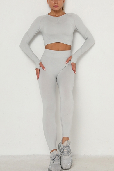 Women's Set Round Neck Long Sleeve Slim Fitted Tee Top with High Waist Ankle Length Leggings