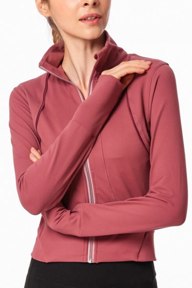Fashionable Women's Training Jacket Plain Zip Closure Long Sleeve Regular Fitted Workout Jacket