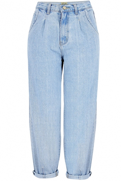 Fashionable Womens Jeans Light Blue Zipper Fly High Rise Relaxed Fit 7/8 Length Tapered Jeans