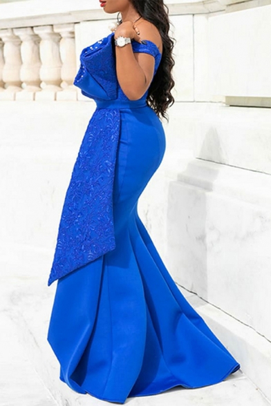 Glamorous Womens Dress Solid Color Beading Off the Shoulder Panel Long Fishtail Dress