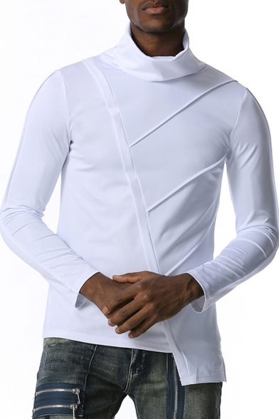 Gym Tee Top Solid Color Long Sleeve Mock Neck Patched Slim Fitted T Shirt for Men